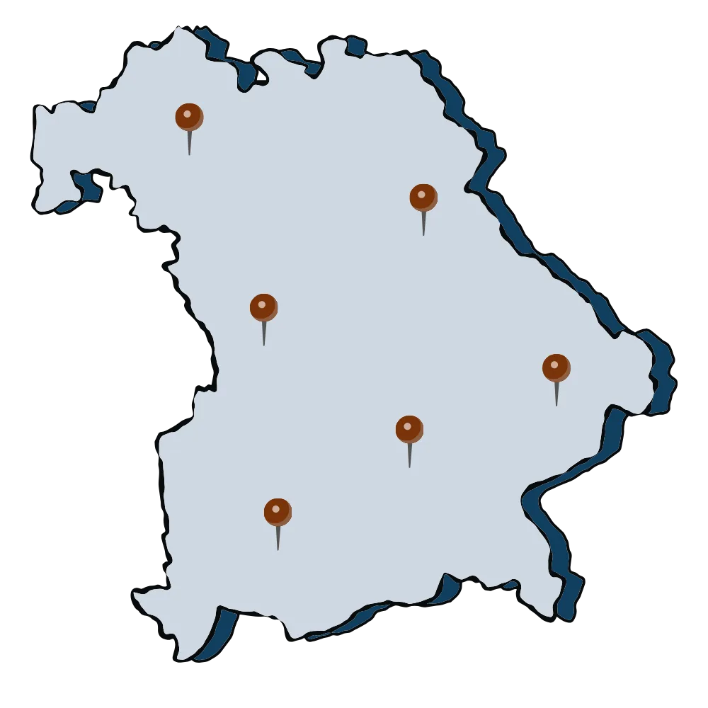 Karte von Bayern mit den Standorten der Finanzkanzlei Bayern