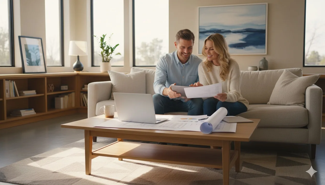 Paar prüft zu Hause seine Finanzierungsunterlagen am Laptop