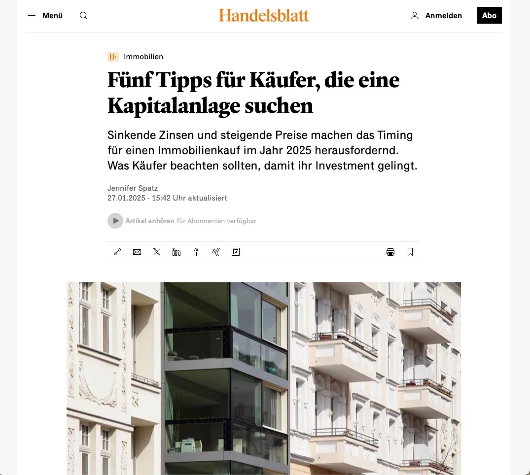 Presseartikel des Handelsblatts: „Fünf Tipps für Käufer, die eine Kapitalanlage suchen“