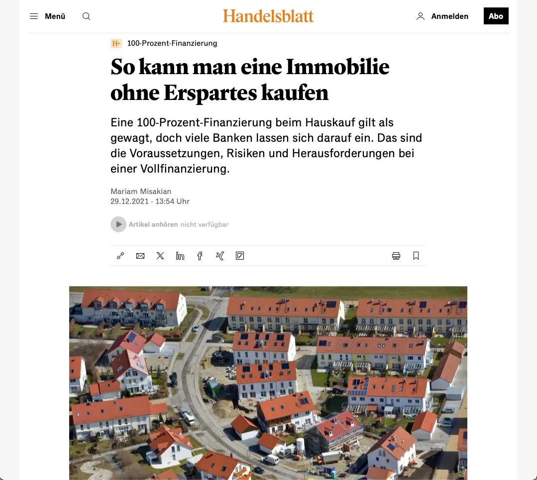 Presseartikel des Handelsblatts zur 100-Prozent-Finanzierung