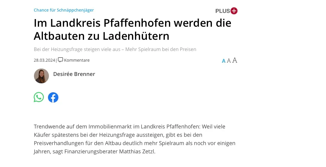 Presseartikel über den Immobilienmarkt im Landkreis Pfaffenhofen mit Matthias Zetzl